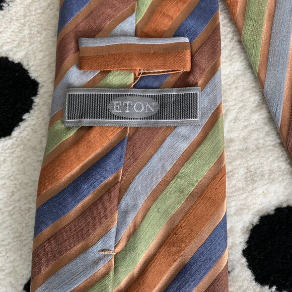 Eton Silk Linen Brown Green Striped Print Neck Tie - Picture 4 of 8